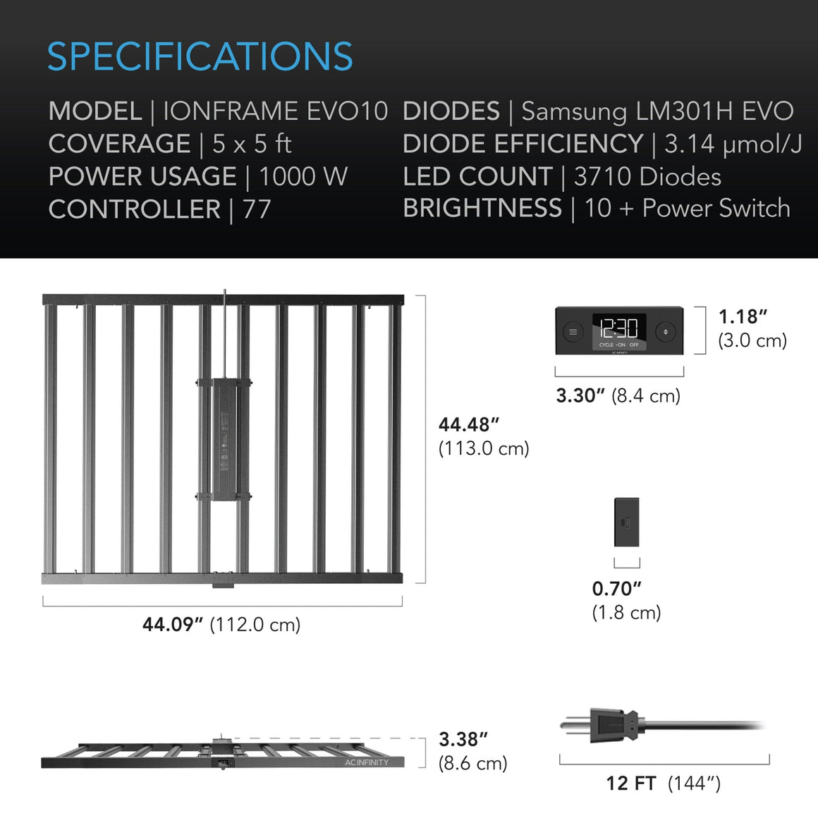 AC Infinity AC Infinity Ionframe EVO10 1000W Commercial Full Spectrum LED Grow Light specs